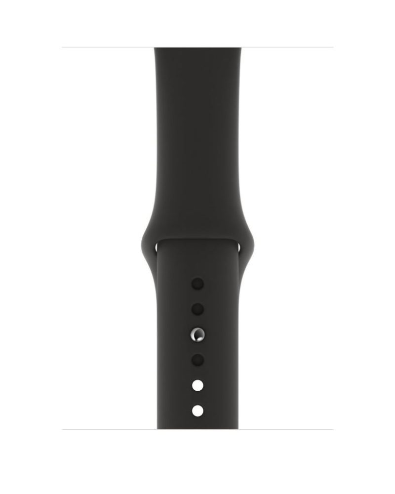 Black silicone Apple Watch sport band with adjustment holes and connector