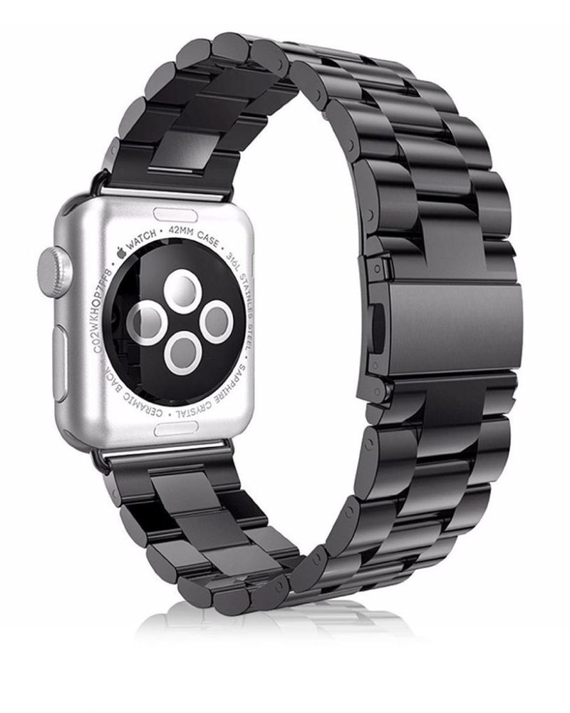 Black stainless steel link bracelet band for Apple Watch, rear view