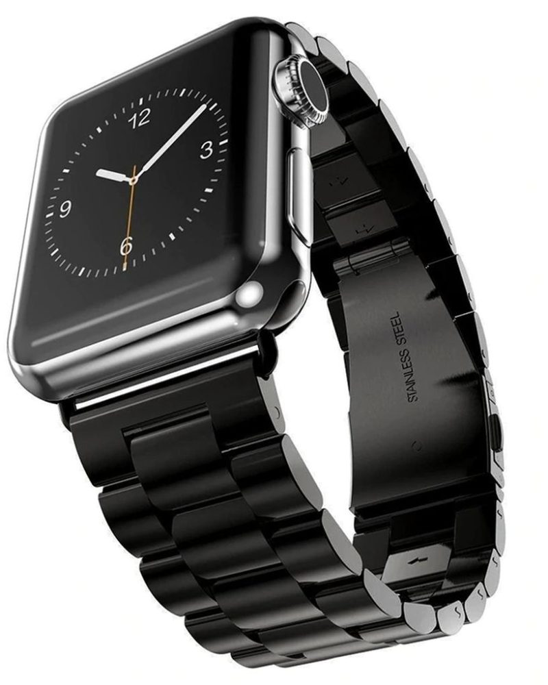 Black stainless steel link bracelet band for Apple Watch, side view