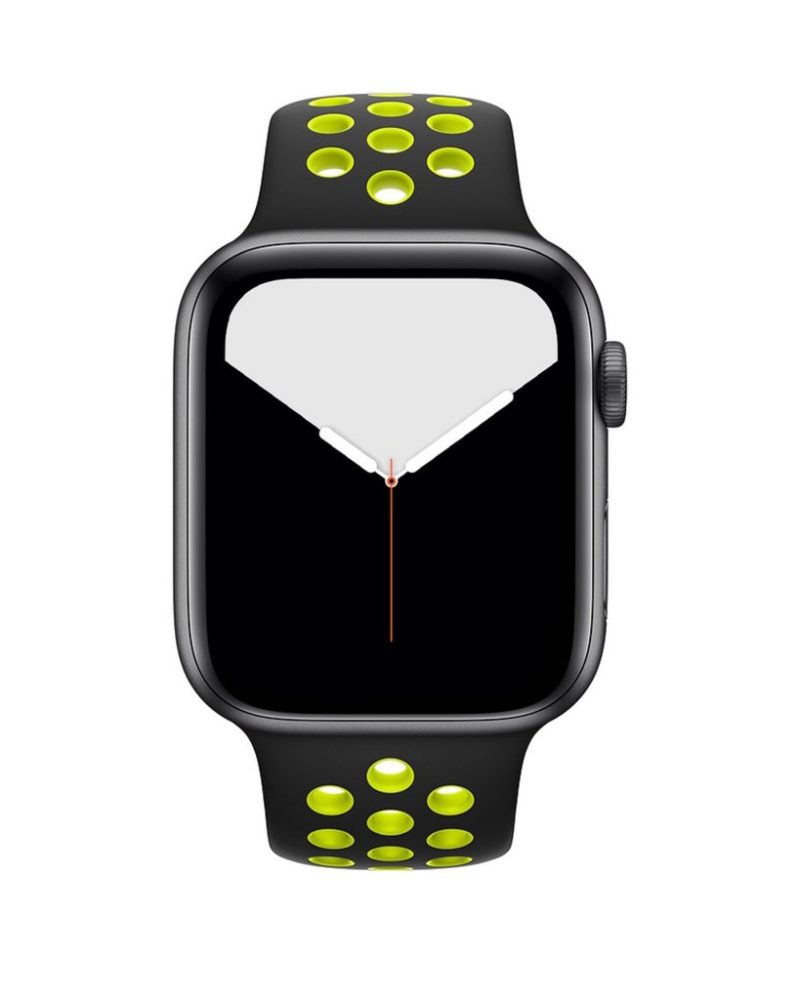 Black and volt yellow perforated silicone Apple Watch sport band on space gray case