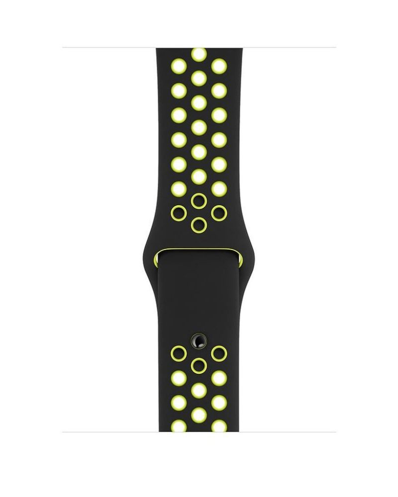 Black and volt yellow perforated silicone Apple Watch sport band with pin-and-tuck closure