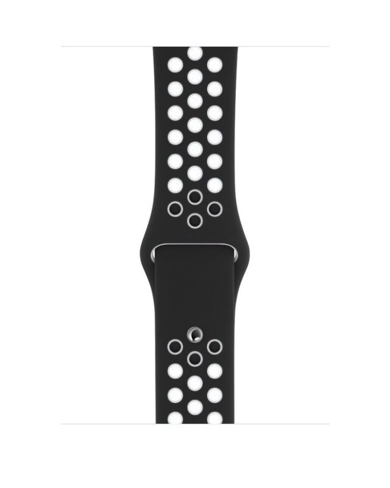 Black and white perforated silicone Apple Watch sport band with pin-and-tuck closure