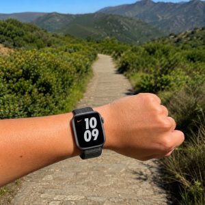 Model wearing Black White Sport Loop For Apple Watch Apple Watch band