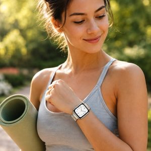 Model wearing Blanc All-Over Print Single Tour Leather for Apple Watch Apple Watch band