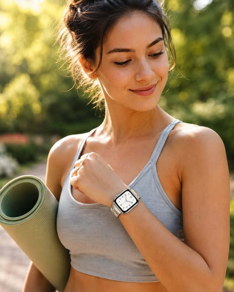 Model wearing Blanc All-Over Print Single Tour Leather for Apple Watch Apple Watch band