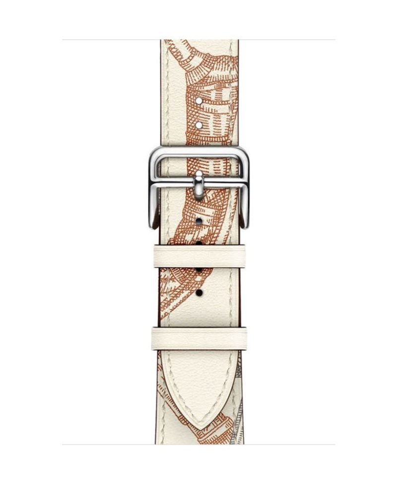 Cream leather Apple Watch band with rust toile print and silver buckle