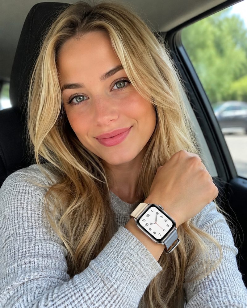Model wearing Bleu lin/Craie/Bleu du Nord Single Tour Leather for Apple Watch Apple Watch band