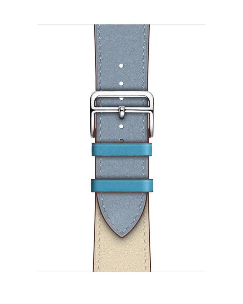 Blue-grey and cream leather Apple Watch strap with silver buckle clasp