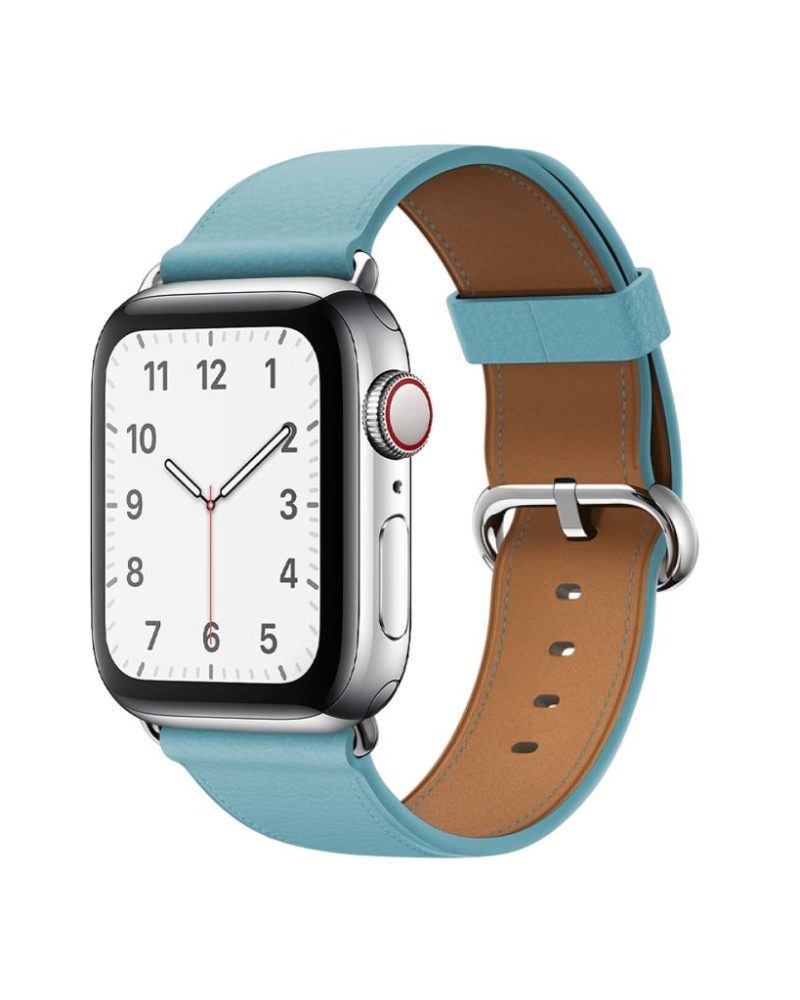 Blue Jay blue leather Apple Watch band with silver buckle clasp