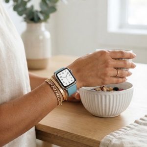 Model wearing Blue Jay Classic Leather Buckle for Apple Watch Apple Watch band