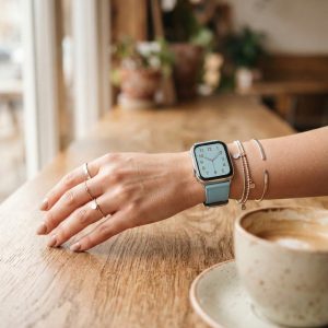 Model wearing Blue Jay Classic Leather Buckle for Apple Watch Apple Watch band