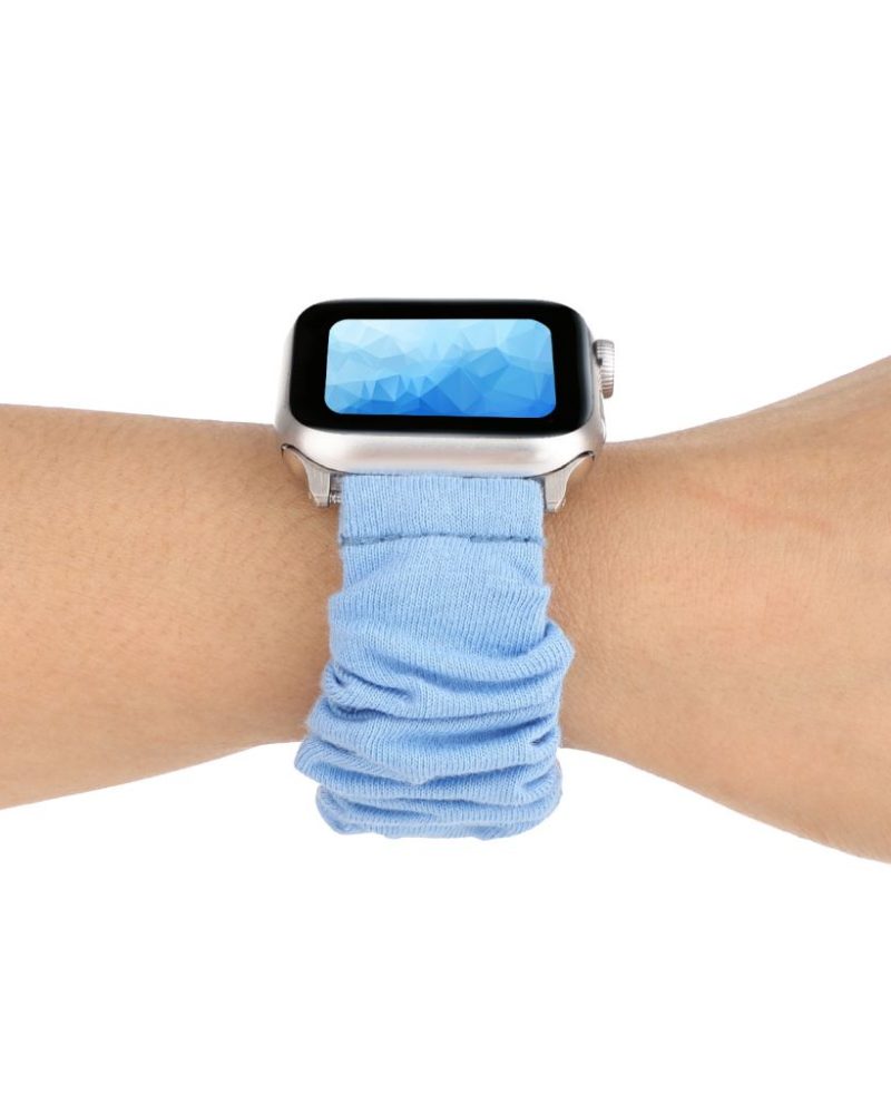 Blue scrunchie fabric loop band for Apple Watch on wrist