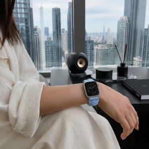 Model wearing Blue Largoon Scrunchie Loop Band for Apple Watch Apple Watch band