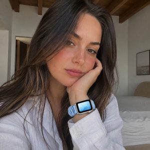 Model wearing Blue Largoon Scrunchie Loop Band for Apple Watch Apple Watch band