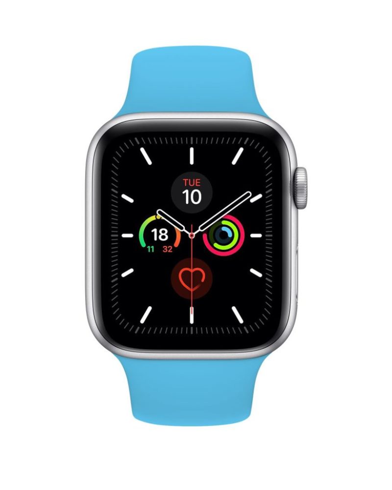 Blue silicone Apple Watch sport band with silver aluminum case on white background.