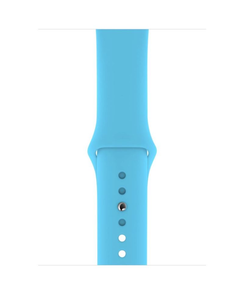 Blue silicone Apple Watch sport band with pin-and-tuck closure in sky blue.