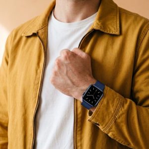 Model wearing Blue Milanese Loop for Apple Watch Apple Watch band