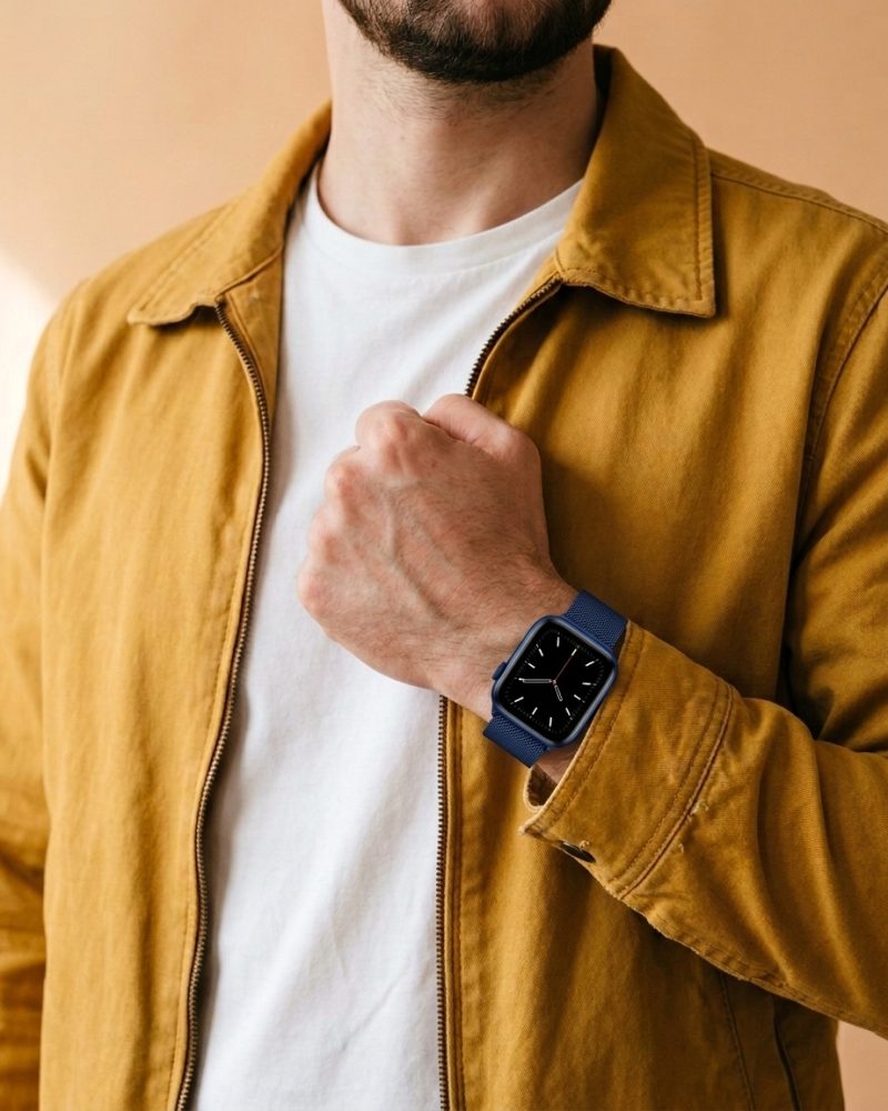 Model wearing Blue Milanese Loop for Apple Watch Apple Watch band