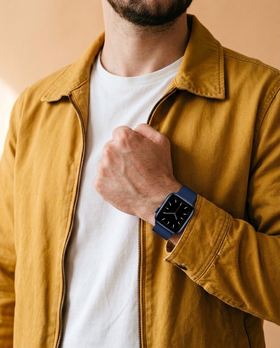 Model wearing Blue Milanese Loop for Apple Watch Apple Watch band