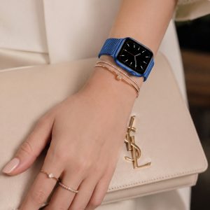 Model wearing Blue Milanese Loop for Apple Watch Apple Watch band