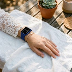 Model wearing Blue Milanese Loop for Apple Watch Apple Watch band
