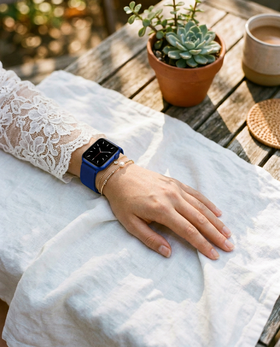 Model wearing Blue Milanese Loop for Apple Watch Apple Watch band