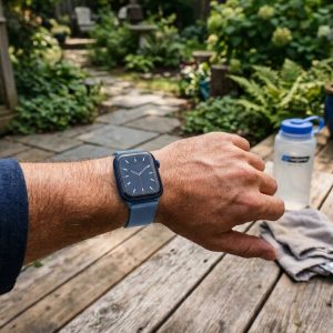 Model wearing Blue Milanese Loop for Apple Watch Apple Watch band