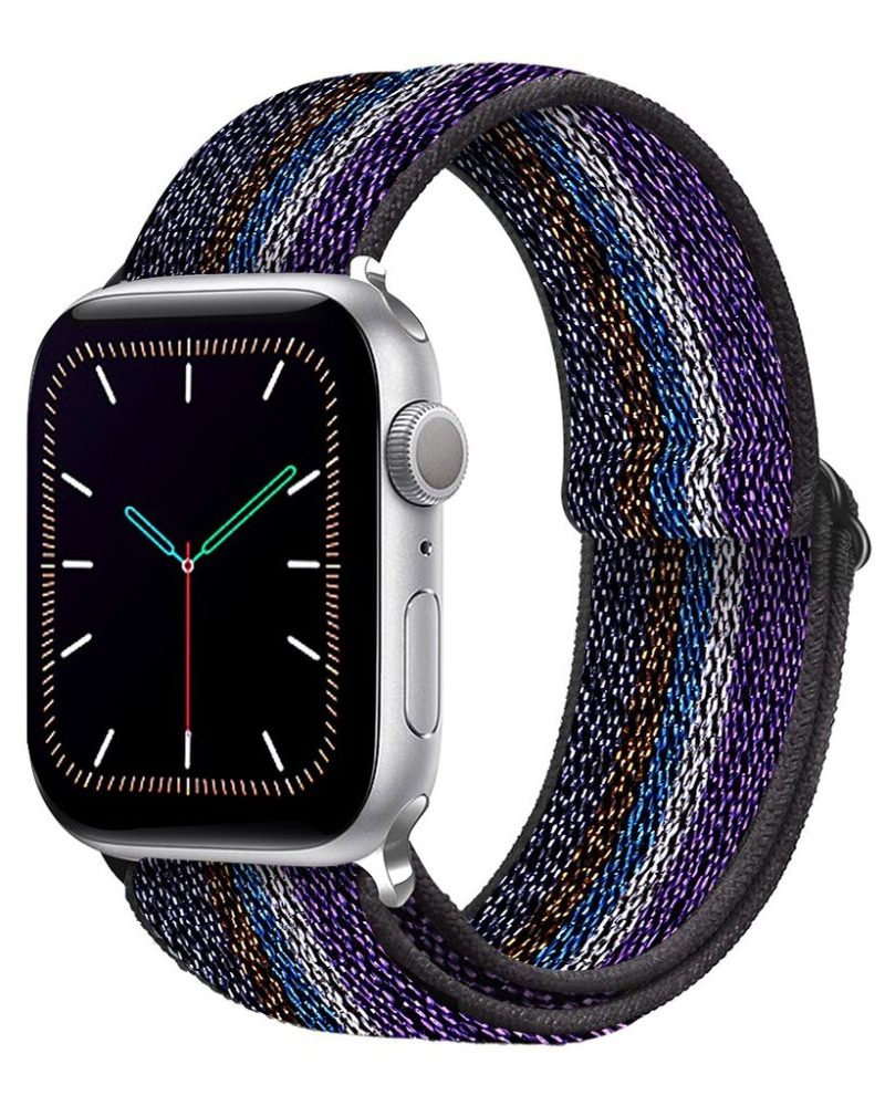 Purple, blue, and white striped nylon elastic loop Apple Watch band with adjustable clasp