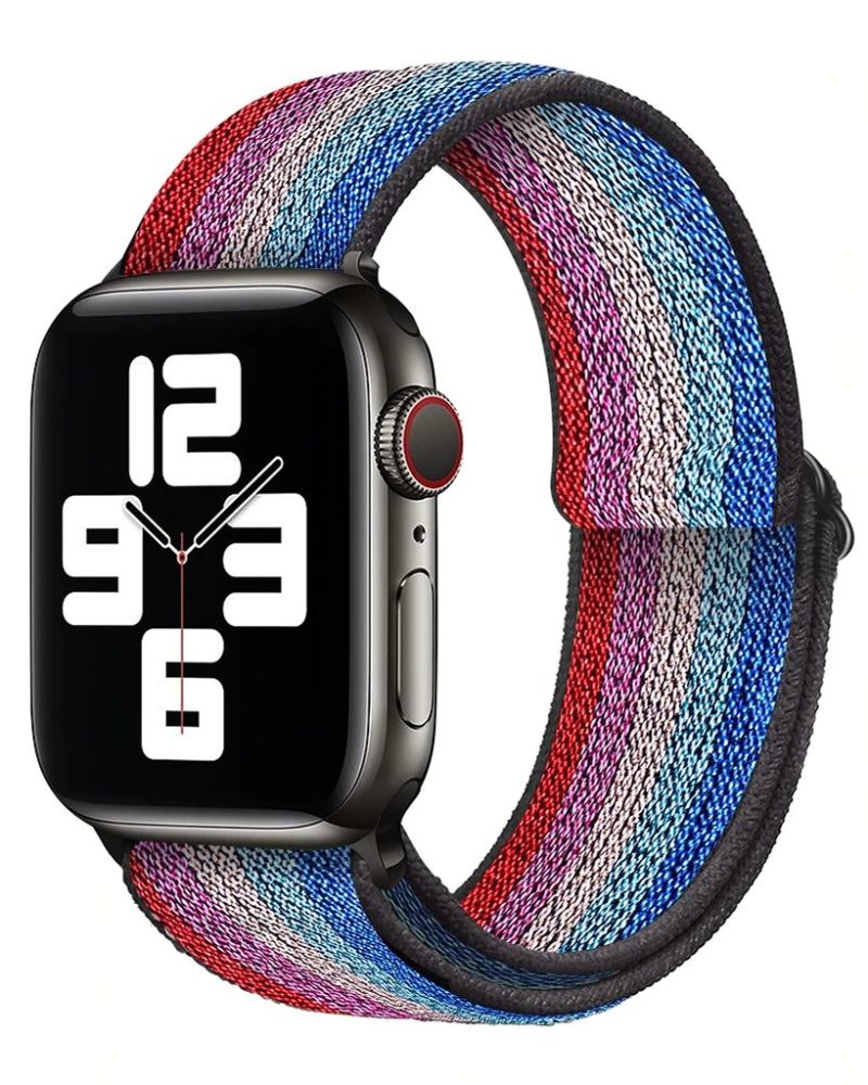 Red, blue, pink, and cream striped boho nylon elastic loop Apple Watch band