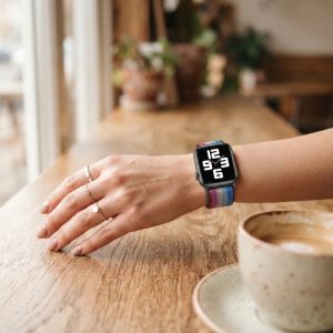 Model wearing Boho Red Blue Elastic Loop for Apple Watch Apple Watch band