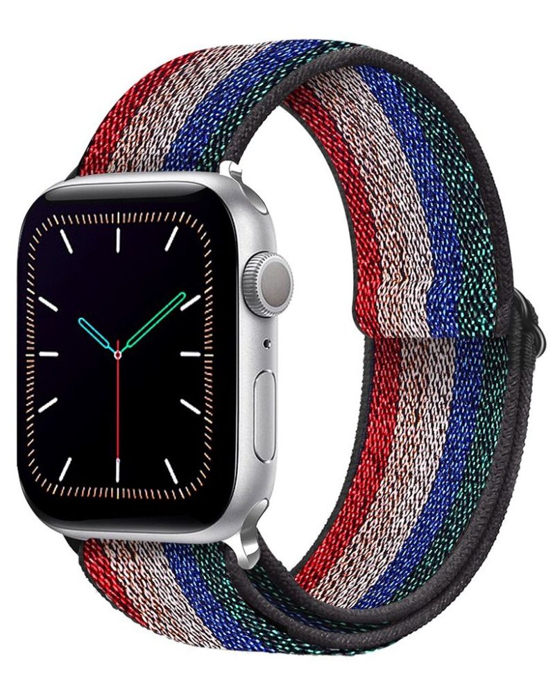 Multicolored striped nylon elastic loop Apple Watch band in red, blue, green, and beige