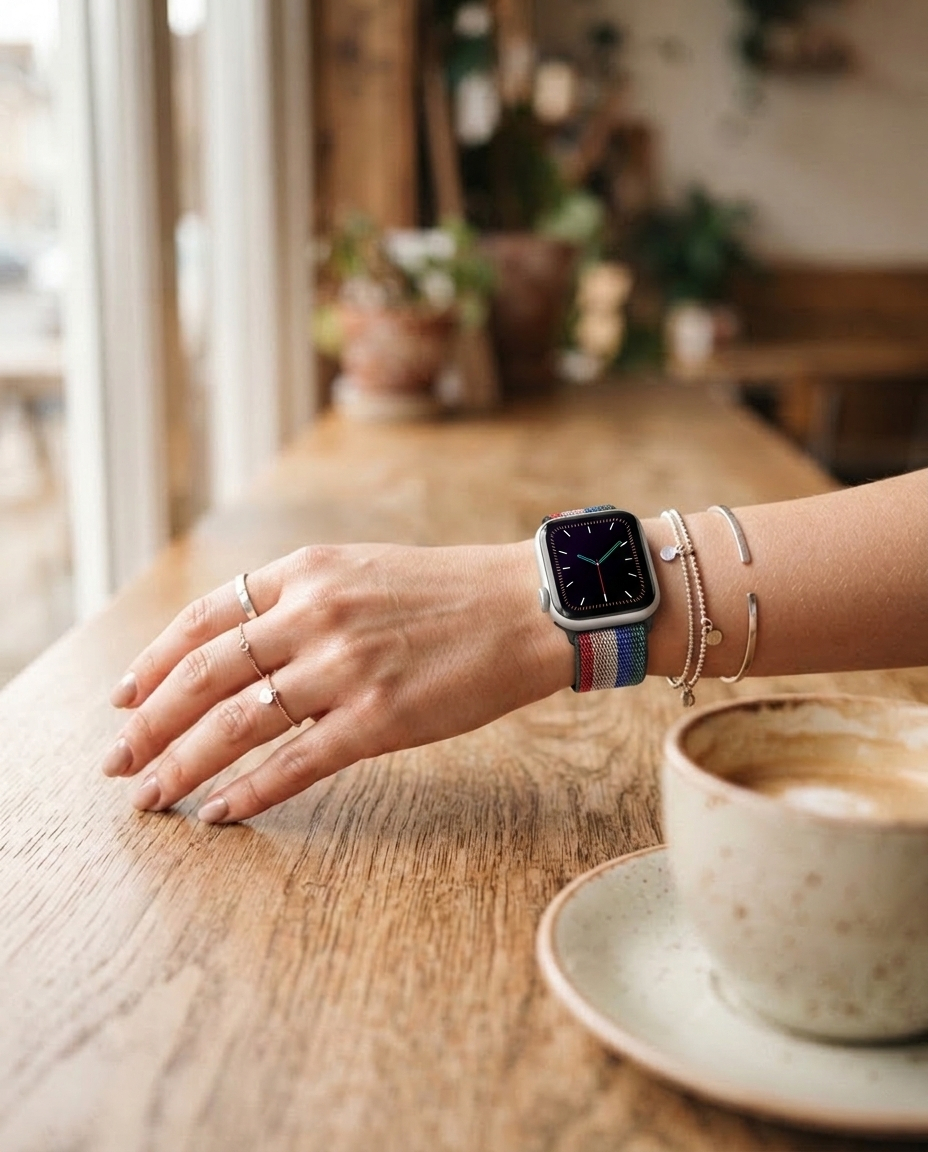 Model wearing Boho Red Green Elastic Loop for Apple Watch Apple Watch band