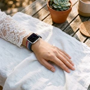 Model wearing Boho Red Green Elastic Loop for Apple Watch Apple Watch band