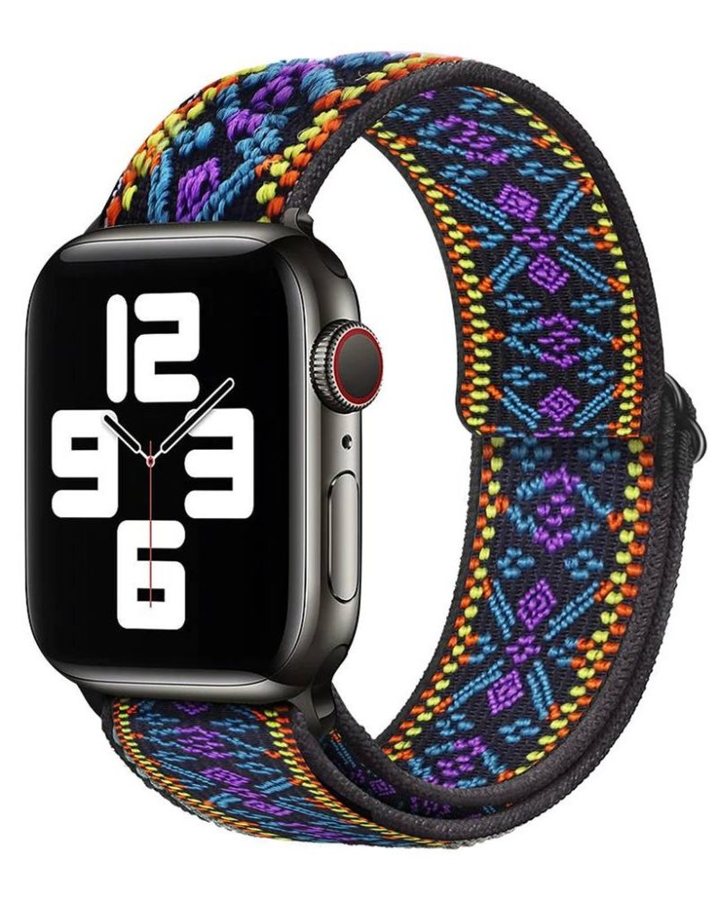 Multi-coloured woven nylon boho tribal elastic loop Apple Watch band on black case