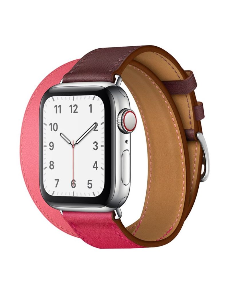 Bordeaux, rose, and azalea pink leather double tour Apple Watch band with silver buckle