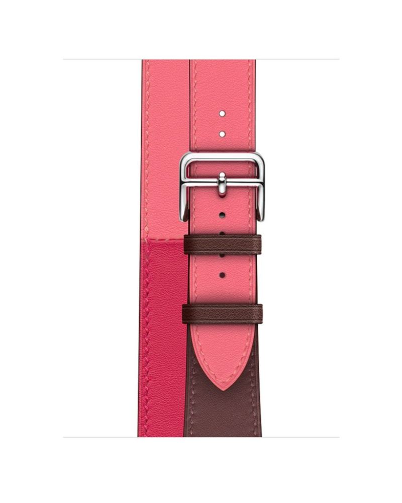Bordeaux rose and pink leather Apple Watch double tour strap with silver buckle
