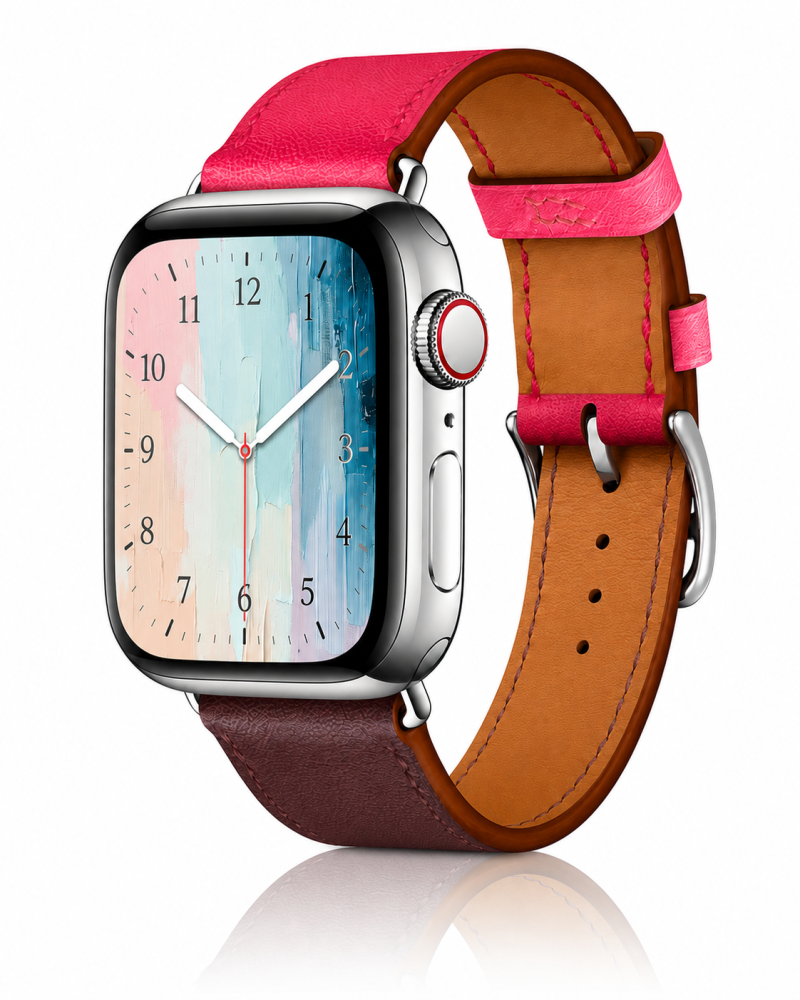 Model wearing Bordeaux/Rose Extrême/Rose Azalée Single Tour Leather for Apple Watch Apple Watch band