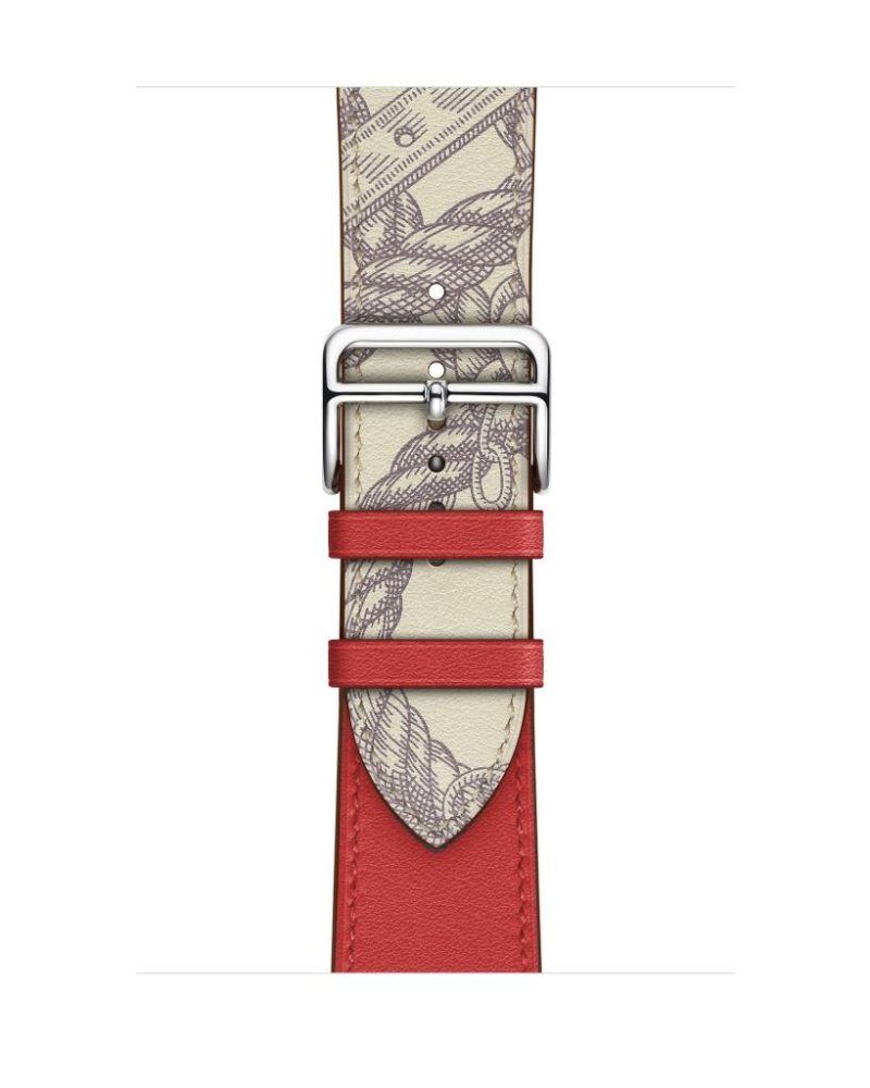 Brique red and béton cream printed leather Apple Watch band with silver buckle