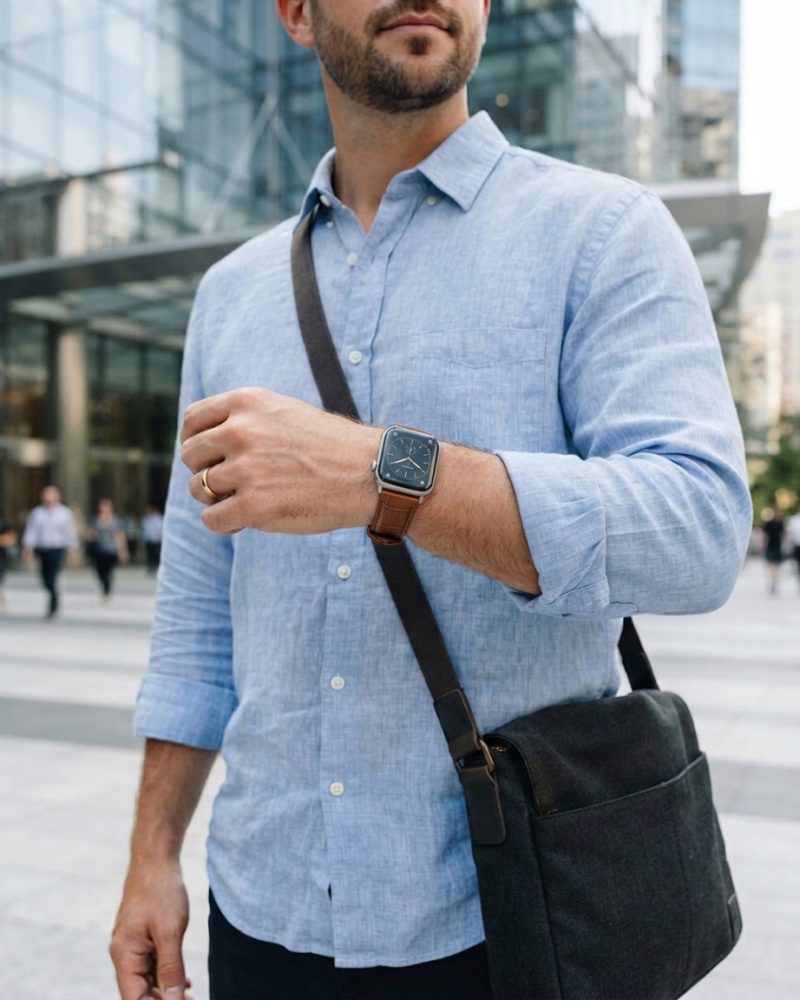 Model wearing Brown Croc Leather Band for Apple Watch Apple Watch band