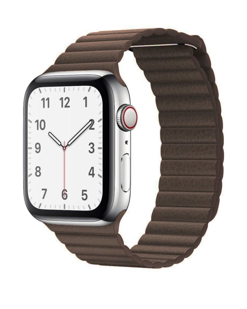 Brown leather loop Apple Watch band with ridged texture and silver case.