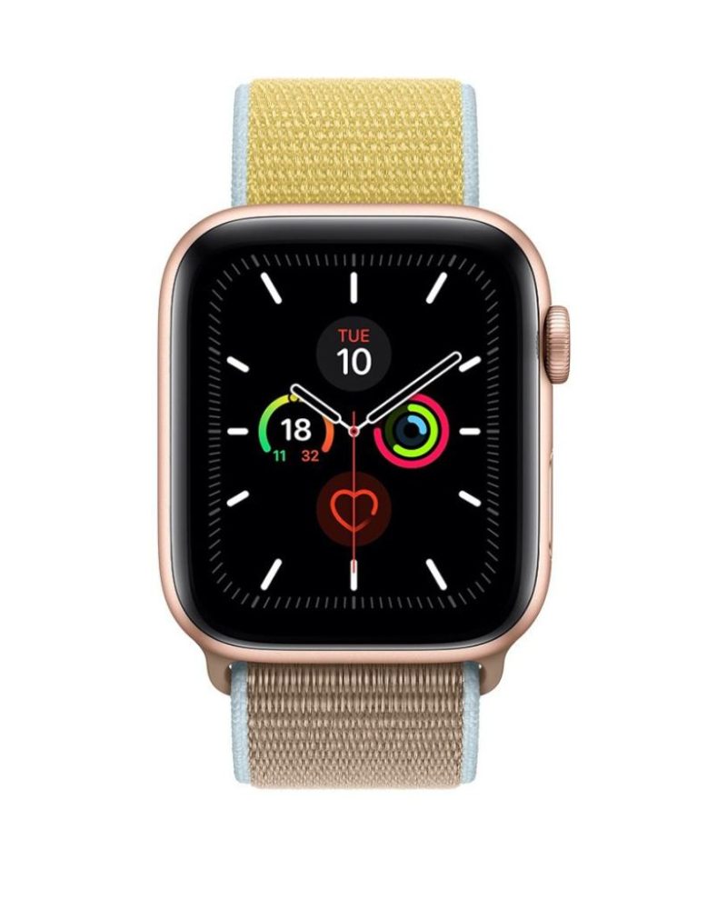 Camel and yellow woven nylon Sport Loop band on gold Apple Watch