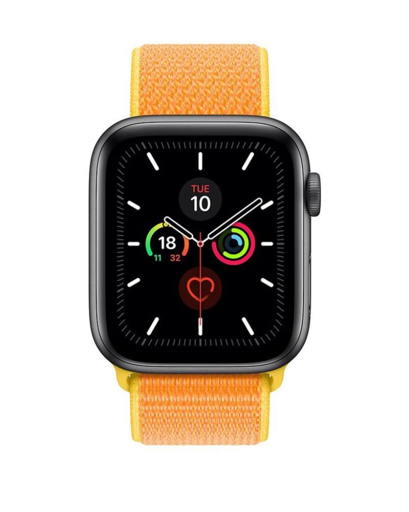 Canary yellow woven nylon Sport Loop band on Apple Watch with space gray aluminum case