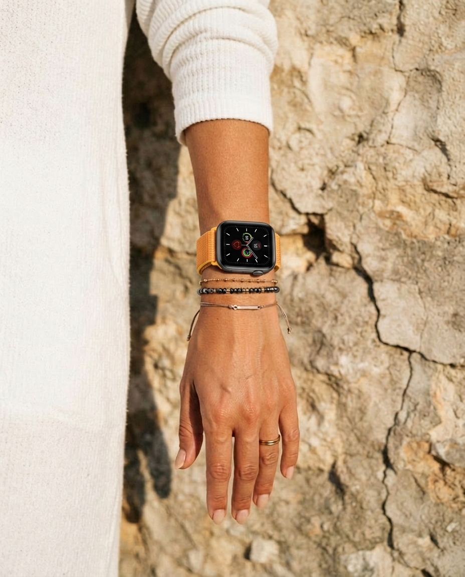 Model wearing Canary Yellow Sport Loop For Apple Watch Apple Watch band