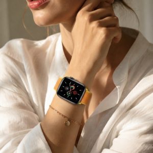 Model wearing Canary Yellow Sport Loop For Apple Watch Apple Watch band