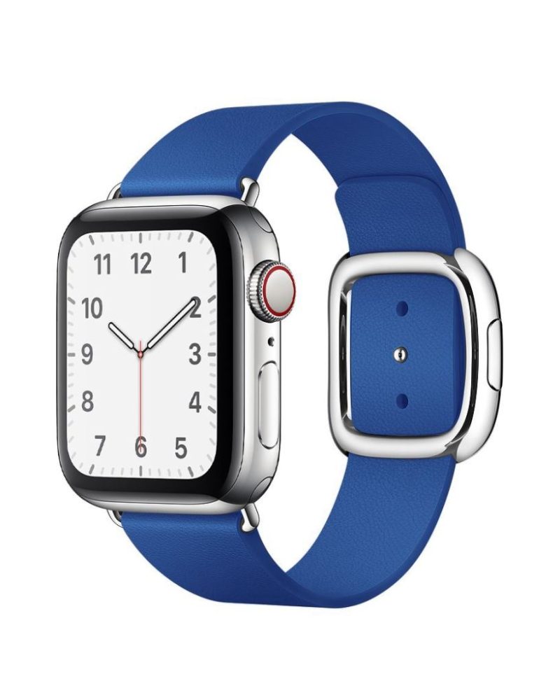 Royal blue leather Apple Watch band with silver modern buckle clasp