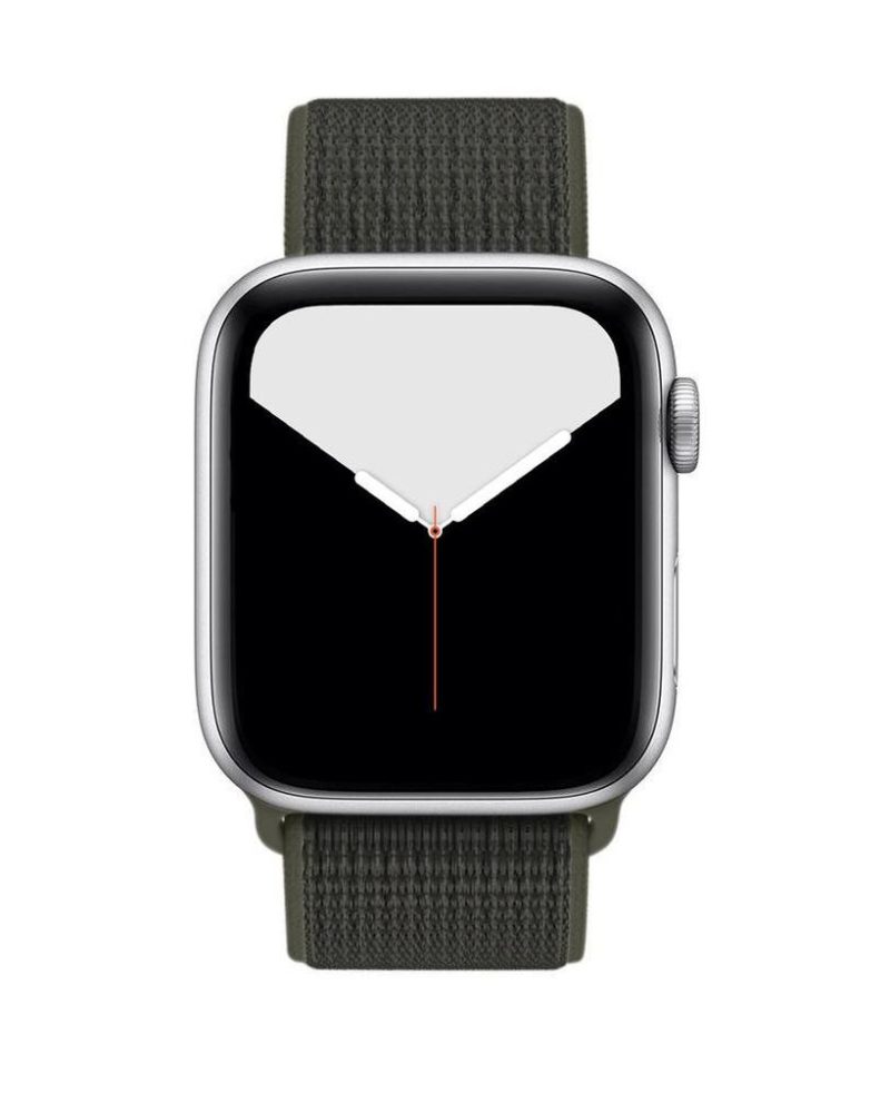 Cargo khaki woven nylon Sport Loop band on silver Apple Watch