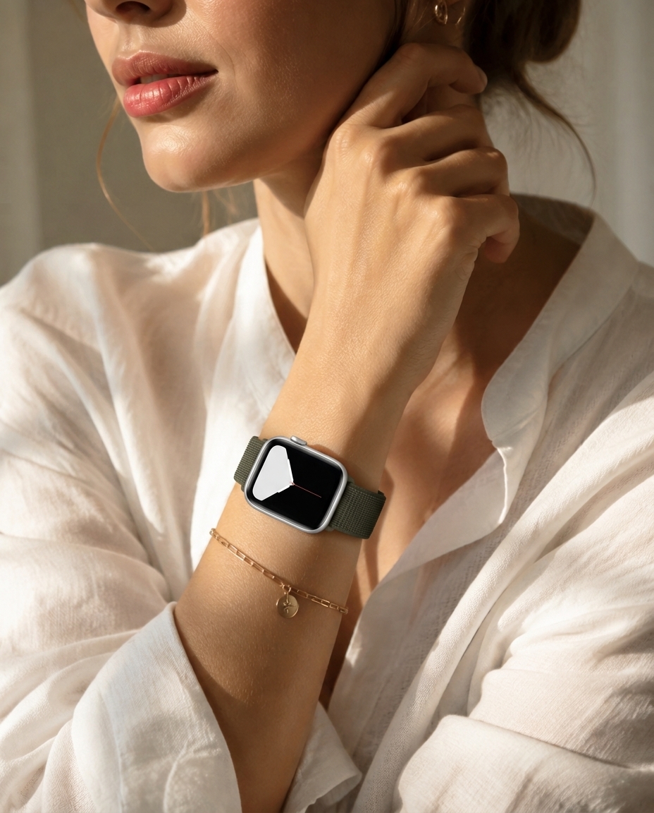 Model wearing Cargo Khaki Sport Loop For Apple Watch Apple Watch band