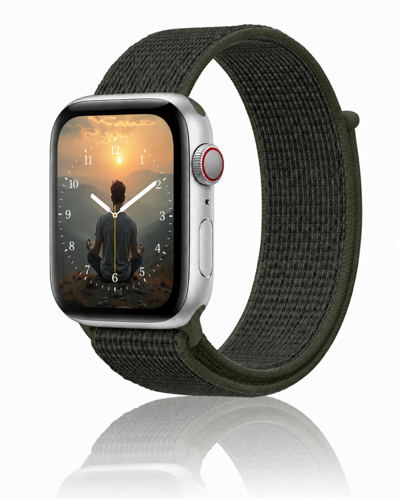 Model wearing Cargo Khaki Sport Loop For Apple Watch Apple Watch band
