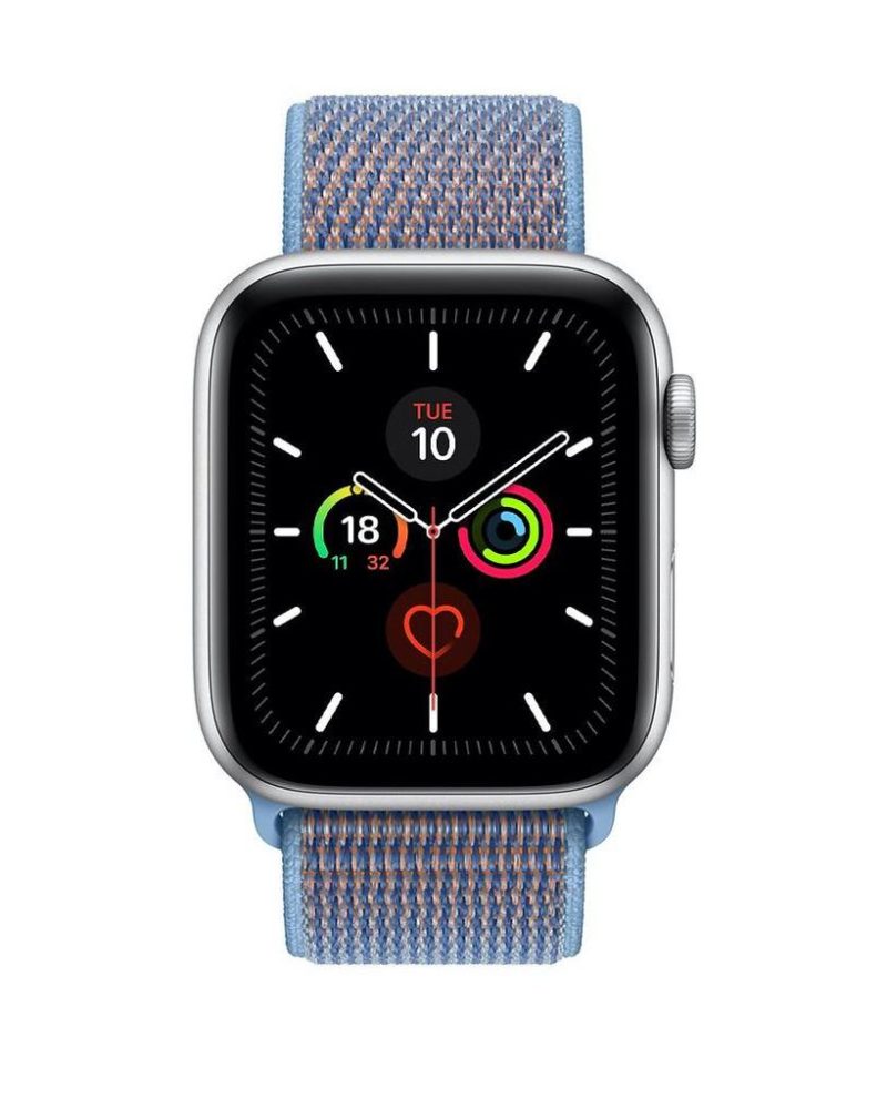 Cerulean blue woven nylon Sport Loop band on silver Apple Watch