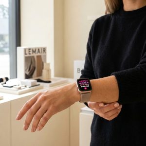 Model wearing Champagne Gold Geneva Slim Milanese Band for Apple Watch Apple Watch band